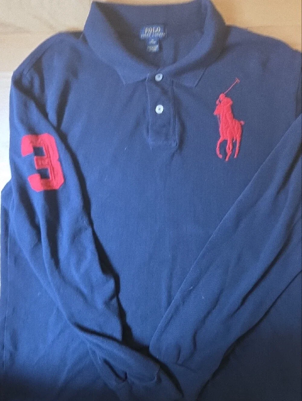 Polo Ralph Lauren Navy Long Sleeve Polo with Red Logo, Boys XL Or Men's XS Slim